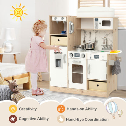 Kids Kitchen Playset with Adjustable LED Lights Removable Fabric Bins