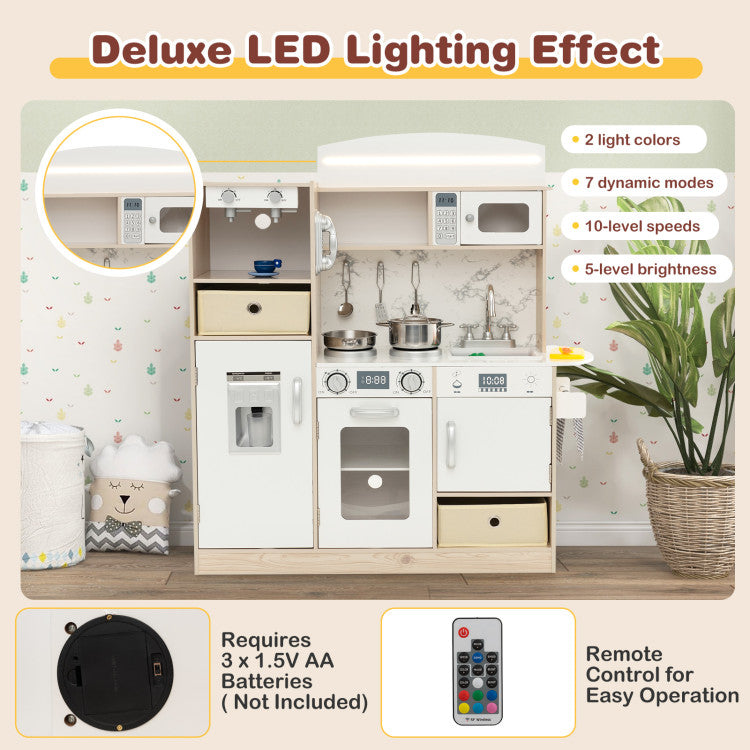 Kids Kitchen Playset with Adjustable LED Lights Removable Fabric Bins