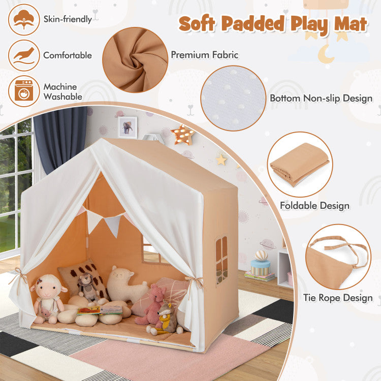 Kid's Play Tent with Washable Cotton Mat and Flag Banner