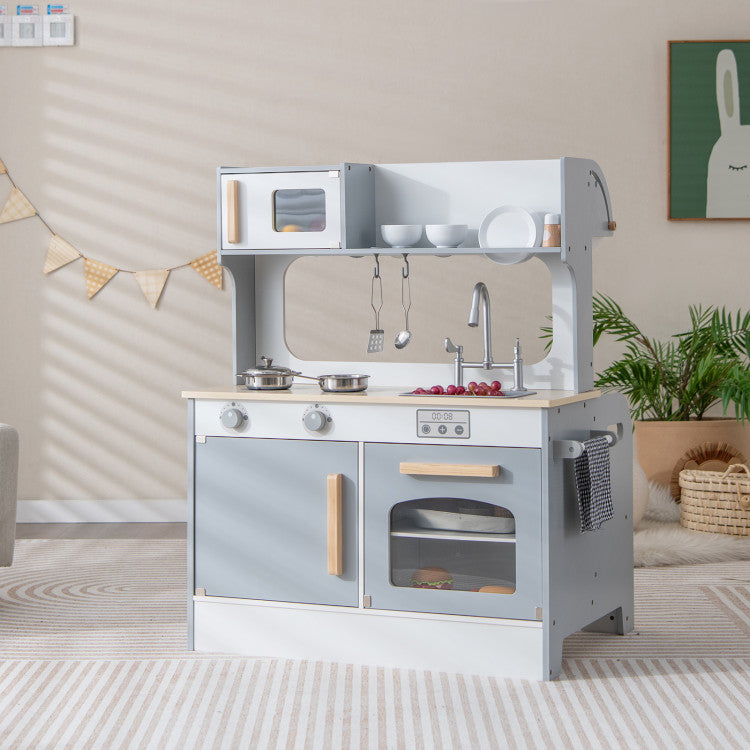 Double Sided Kids Pretend Kitchen Playset with 2-Seat Cafe