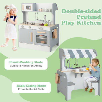 Double Sided Kids Pretend Kitchen Playset with 2-Seat Cafe