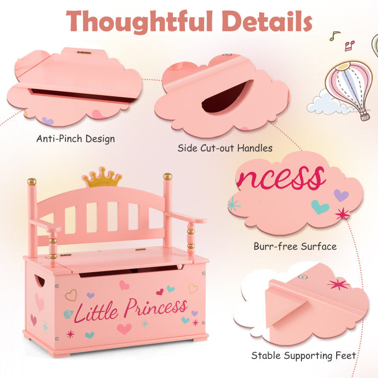 2-In-1 Kids Princess Wooden Toy Box with Safe Hinged Lid