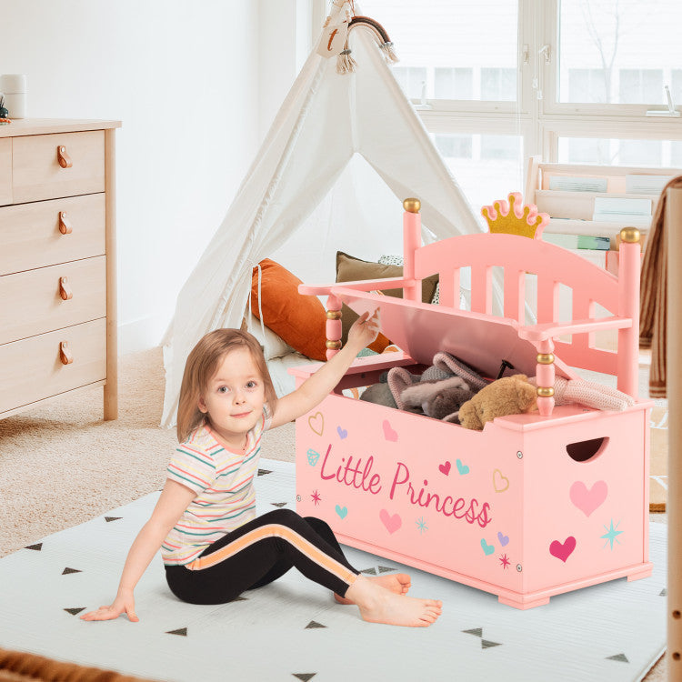 2-In-1 Kids Princess Wooden Toy Box with Safe Hinged Lid