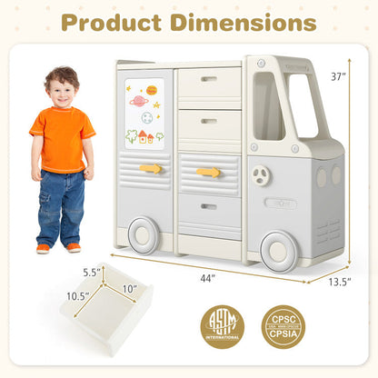 Kids Toy Storage Organizer Bus-shaped Children Cabinet with 4 Pull-out Drawers with Handles