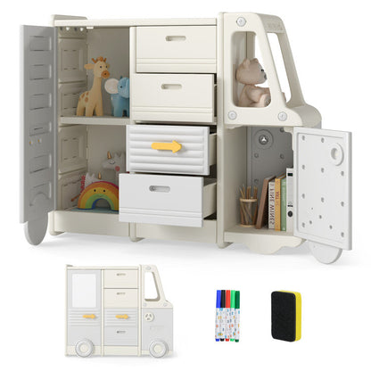 Kids Toy Storage Organizer Bus-shaped Children Cabinet with 4 Pull-out Drawers with Handles
