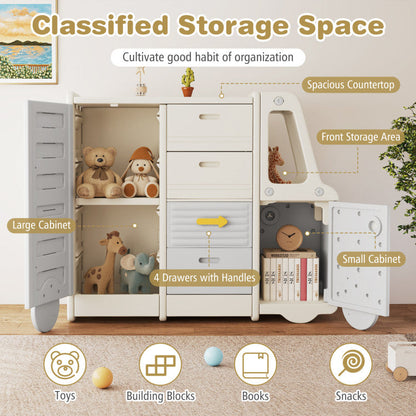 Kids Toy Storage Organizer Bus-shaped Children Cabinet with 4 Pull-out Drawers with Handles