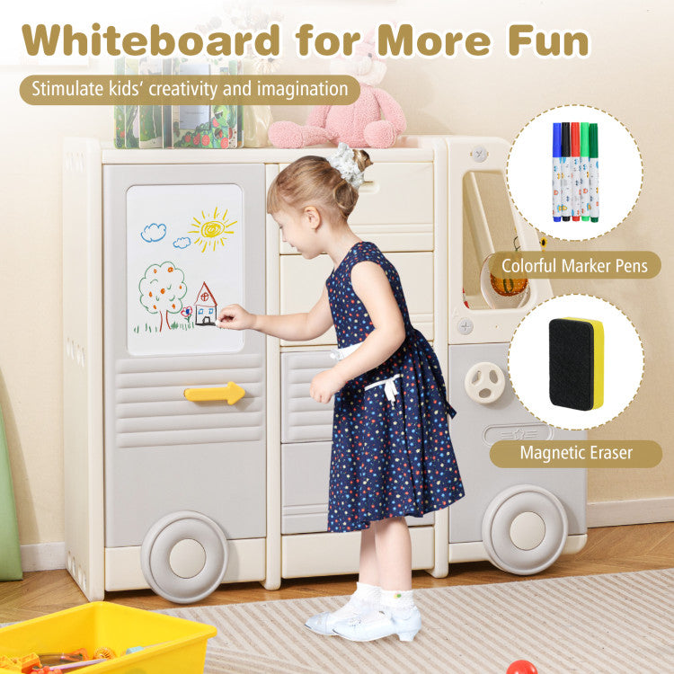 Kids Toy Storage Organizer Bus-shaped Children Cabinet with 4 Pull-out Drawers with Handles