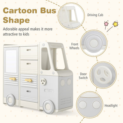 Kids Toy Storage Organizer Bus-shaped Children Cabinet with 4 Pull-out Drawers with Handles