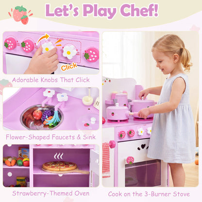 Kids Wooden Kitchen Toy Strawberry Pretend Cooking Playset
