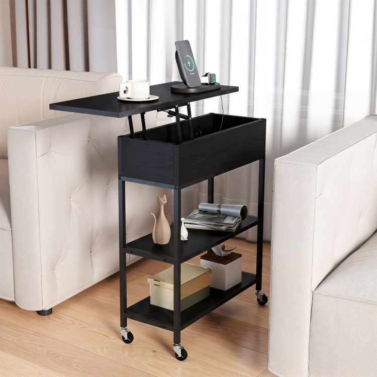 Lift Top End Table with Charging Station and Universal Wheels