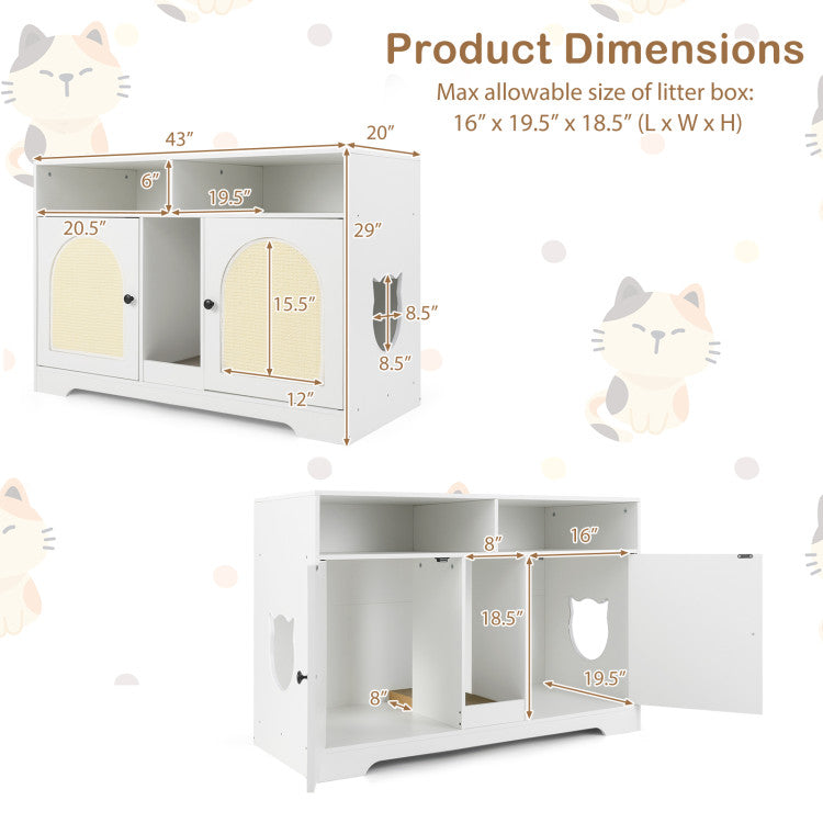 43 Inches Cat Litter Box Enclosure with Storage and Double Rooms