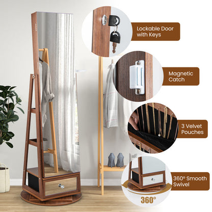 Lockable 360° Swivel Jewelry Cabinet with Full-Length Mirror LED Lights