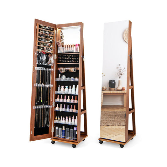 64 Inches Lockable Jewelry Cabinet Armoire with Built-in Makeup Mirror