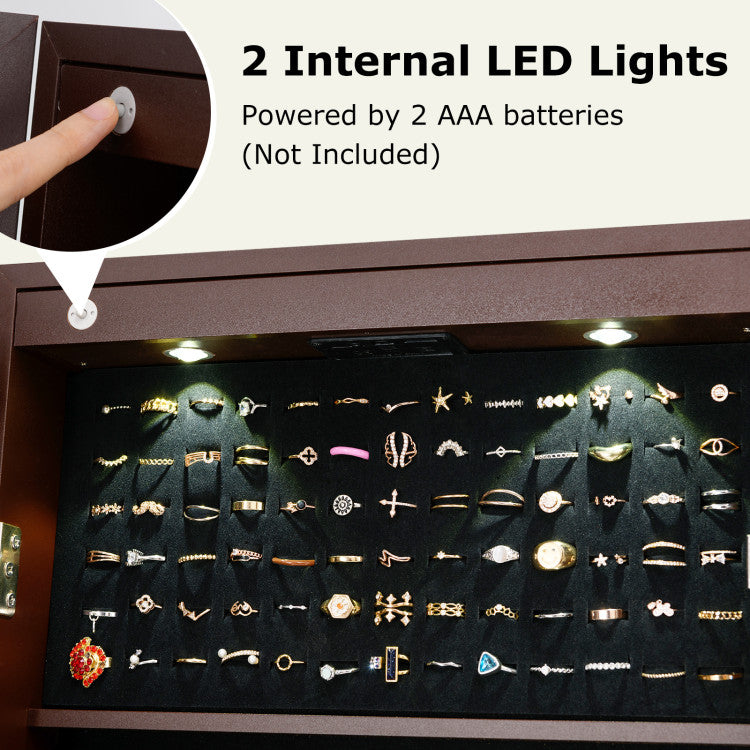 Lockable Mirrored Jewelry Cabinet with Stand and 2 LED Lights
