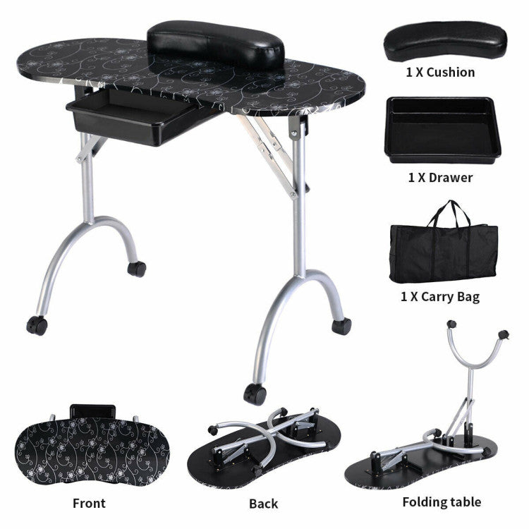 Foldable Portable Manicure Table with Drawer Casters and Cushion