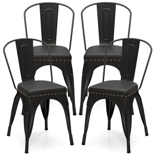 Metal Dining Chair Set of 4 Stackable Kitchen Chairs with Removable Backs and PU Leather Cushioned Seat