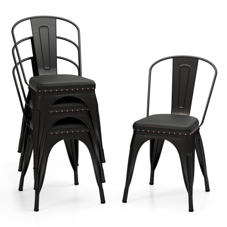Metal Dining Chair Set of 4 Stackable Kitchen Chairs with Removable Backs and PU Leather Cushioned Seat