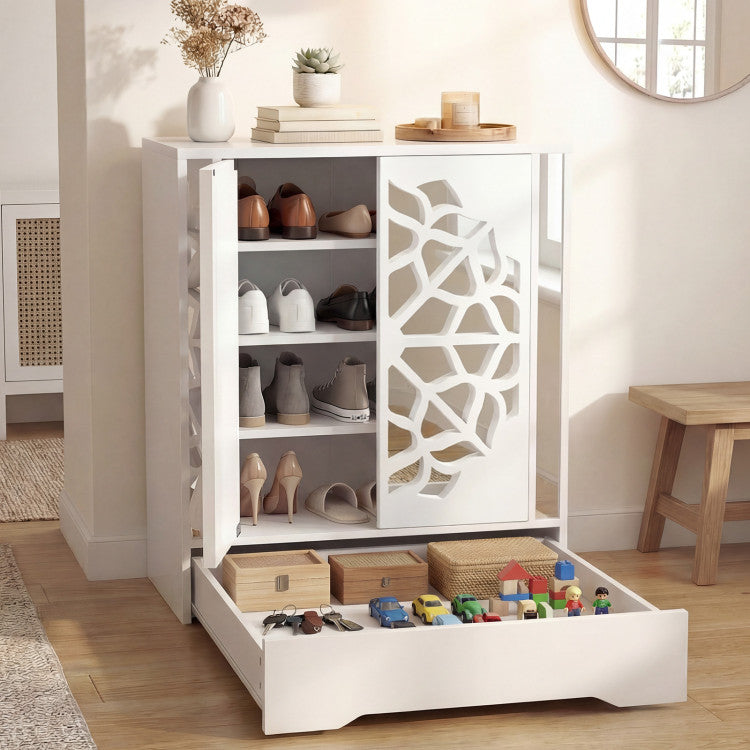 Mirrored Shoe Cabinet 4-Tier Shoe Organizer with Large Drawer