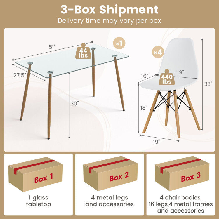 5 Pieces Rectangle Dining Table Set with 51 Inch Glass Tabletop