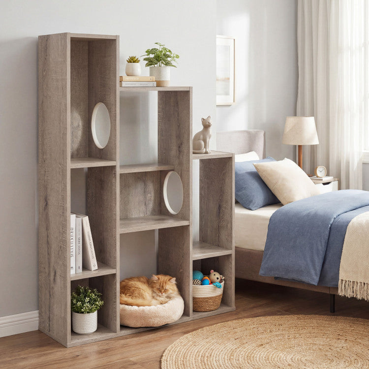 Modern Cat Bookshelf Cat Tree 8-Section Storage Cabinet with 2 Round Holes
