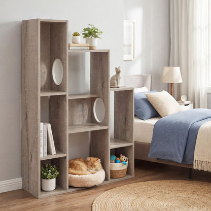 Modern Cat Bookshelf Cat Tree 8-Section Storage Cabinet with 2 Round Holes