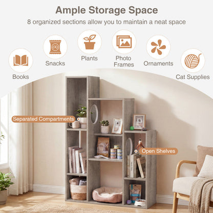 Modern Cat Bookshelf Cat Tree 8-Section Storage Cabinet with 2 Round Holes