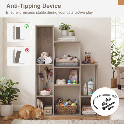 Modern Cat Bookshelf Cat Tree 8-Section Storage Cabinet with 2 Round Holes
