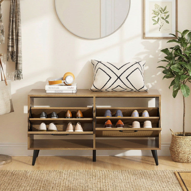 Modern Freestanding Shoe Cabinet with 2 Flip Drawers and Adjustable Shelves for Entryway