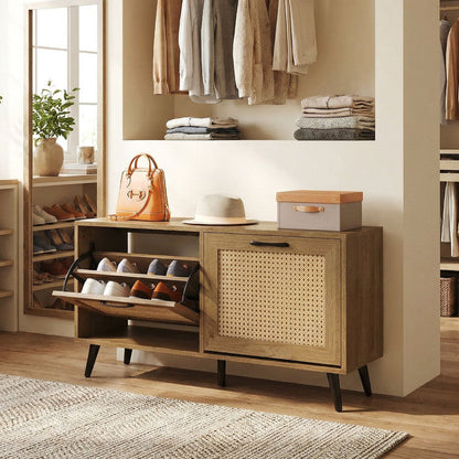 Modern Freestanding Shoe Cabinet with 2 Flip Drawers and Adjustable Shelves for Entryway