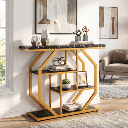 Modern Sofa Table Behind Couch 4-Tier Console Table with Faux Marble Tabletop