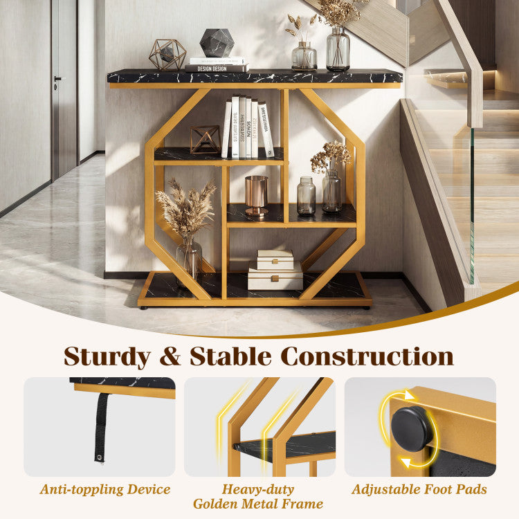 Modern Sofa Table Behind Couch 4-Tier Console Table with Faux Marble Tabletop