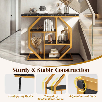 Modern Sofa Table Behind Couch 4-Tier Console Table with Faux Marble Tabletop