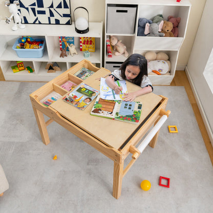 Kids Multi Activity Play Table Wooden Building Block Desk with Storage Paper Roll