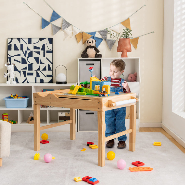 Kids Multi Activity Play Table Wooden Building Block Desk with Storage Paper Roll