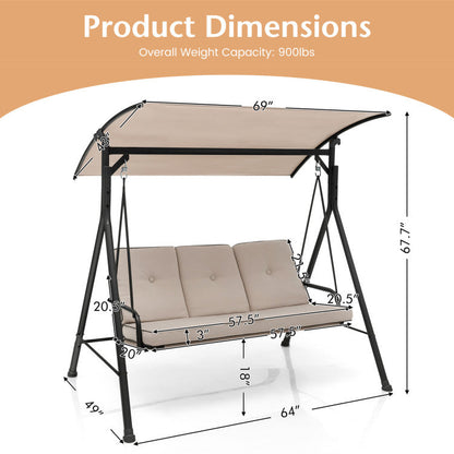 3-Person Outdoor Patio Porch Swing with Adjustable Canopy and 900 Lbs Weight Capacity