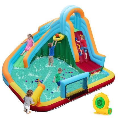 Inflatable Water Slide Park 6-in-1 Giant Bounce House with Long Slide Splash Pool Climbing Wall