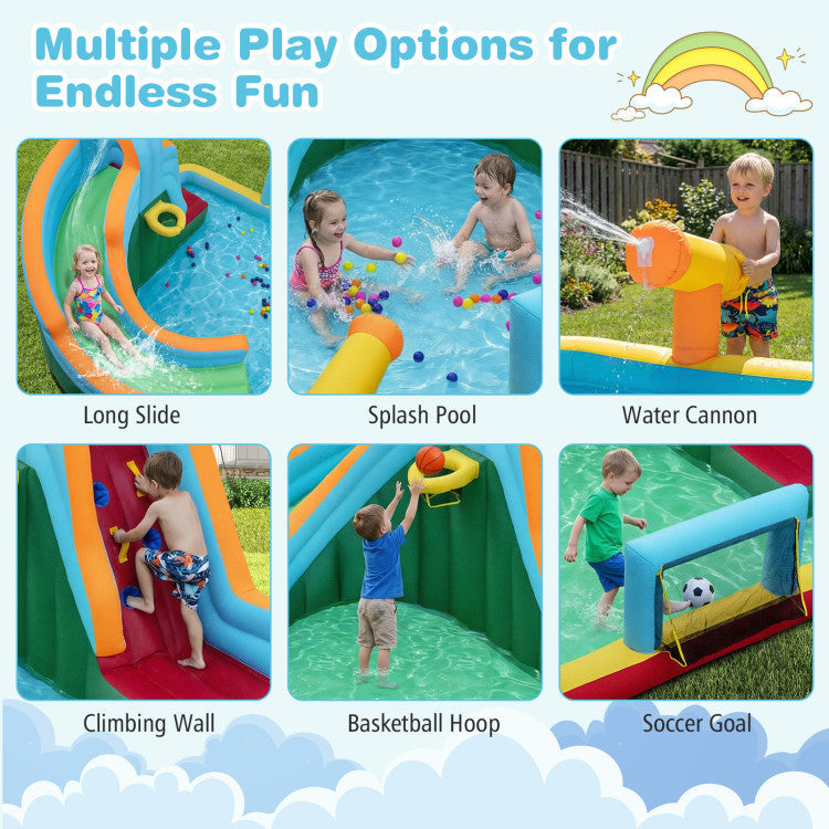 Inflatable Water Slide Park 6-in-1 Giant Bounce House with Long Slide Splash Pool Climbing Wall