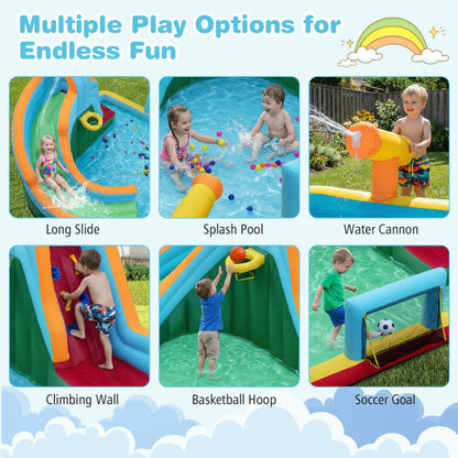Inflatable Water Slide Park 6-in-1 Giant Bounce House with Long Slide Splash Pool Climbing Wall