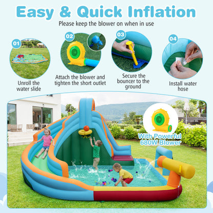 Inflatable Water Slide Park 6-in-1 Giant Bounce House with Long Slide Splash Pool Climbing Wall