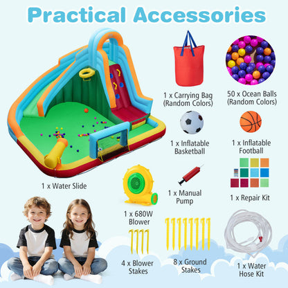 Inflatable Water Slide Park 6-in-1 Giant Bounce House with Long Slide Splash Pool Climbing Wall