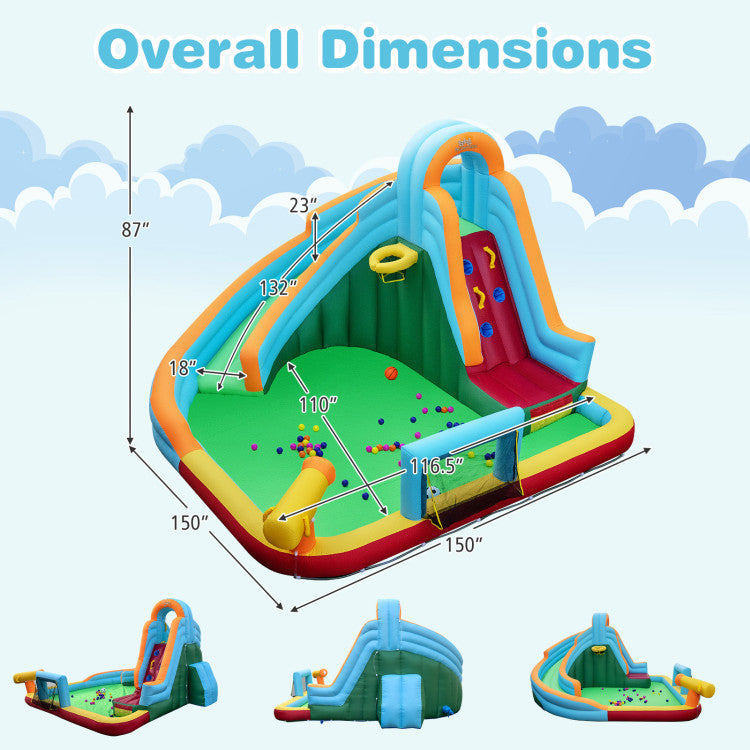 Inflatable Water Slide Park 6-in-1 Giant Bounce House with Long Slide Splash Pool Climbing Wall