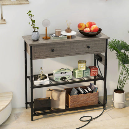 Narrow Console Table with 2 Drawers and 2 Metal Mesh Shelves