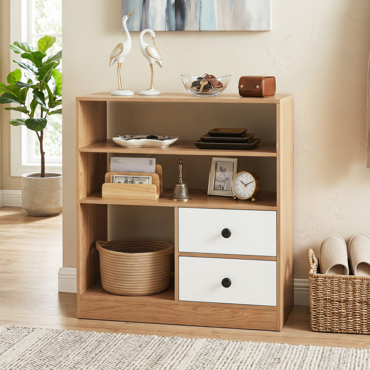 Open Storage Cabinet with 3 Open Compartments and 2 Drawer