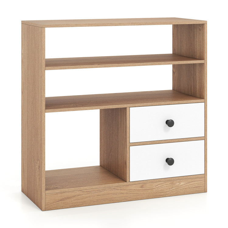 Open Storage Cabinet with 3 Open Compartments and 2 Drawer
