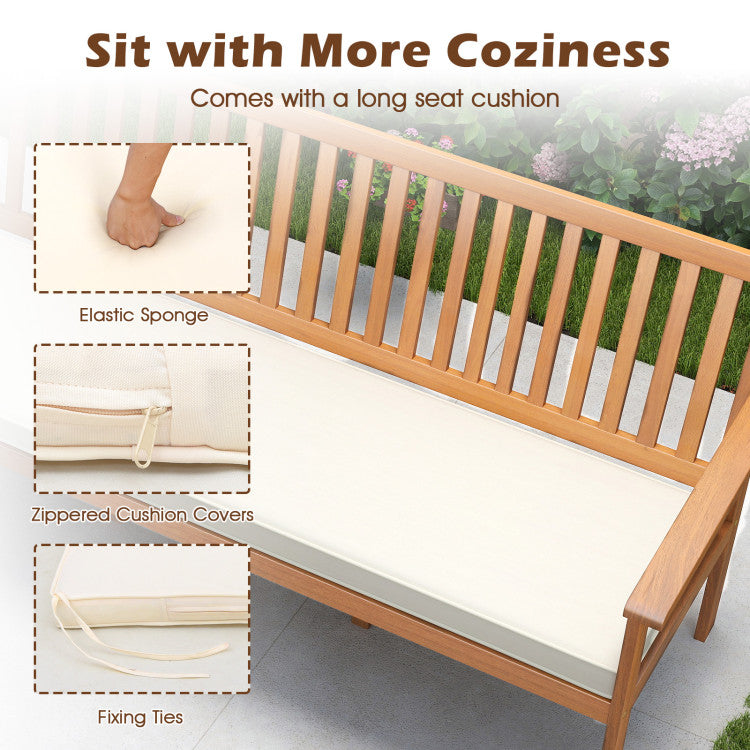 Outdoor 3-Seat Wood Bench with Seat Cushion and Slatted Seat