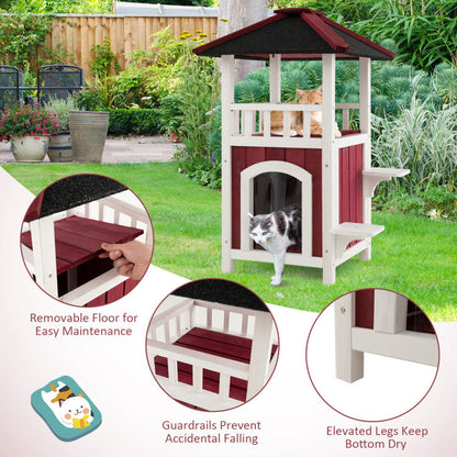2-Story Wooden Cat House with Asphalt Roof Balcony and Rain Curtain