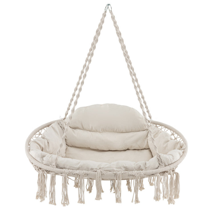 Hand-Woven Rope Hanging Chair with Thick Cushion and Folding Metal Frame