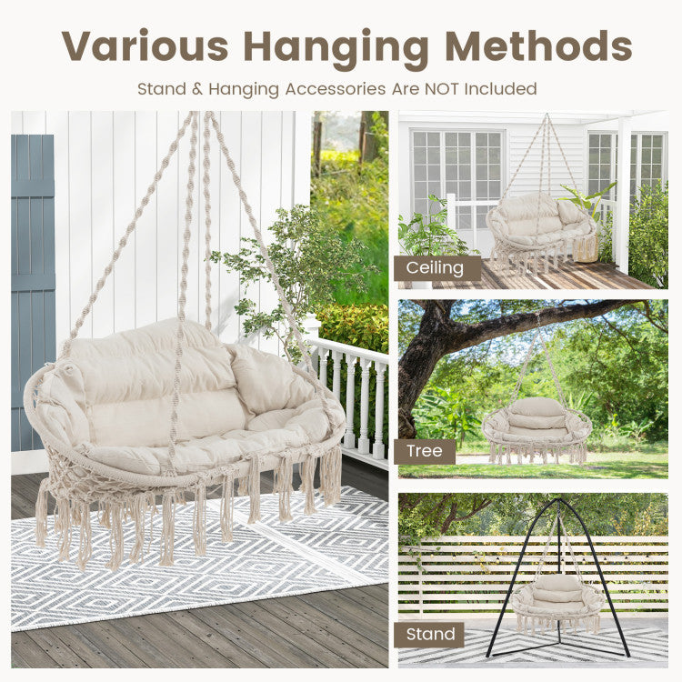 Hand-Woven Rope Hanging Chair with Thick Cushion and Folding Metal Frame