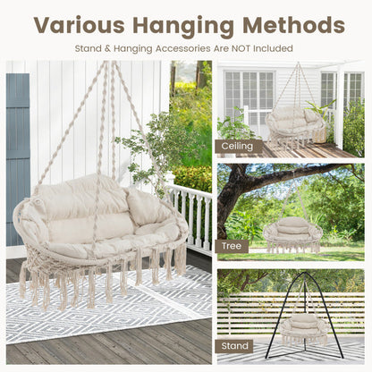 Hand-Woven Rope Hanging Chair with Thick Cushion and Folding Metal Frame