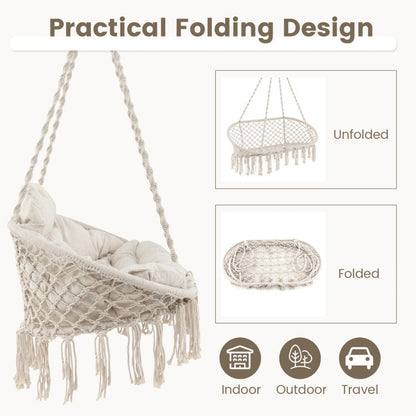 Hand-Woven Rope Hanging Chair with Thick Cushion and Folding Metal Frame